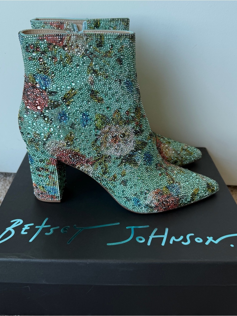 Betsey Johnson Floral Rhinestone Ankle Boots